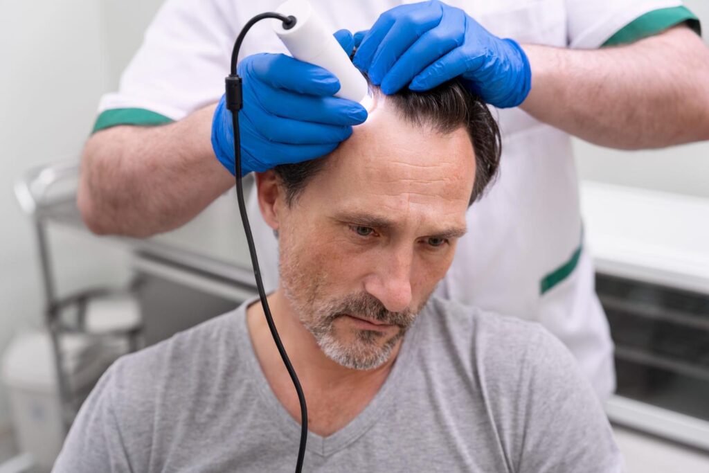 Clinician in gloves examining a patient's scalp with a trichoscope during hair transplant aftercare