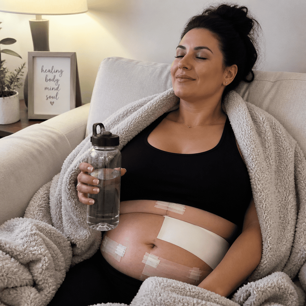 Woman recovering at home with water and an abdominal compression band