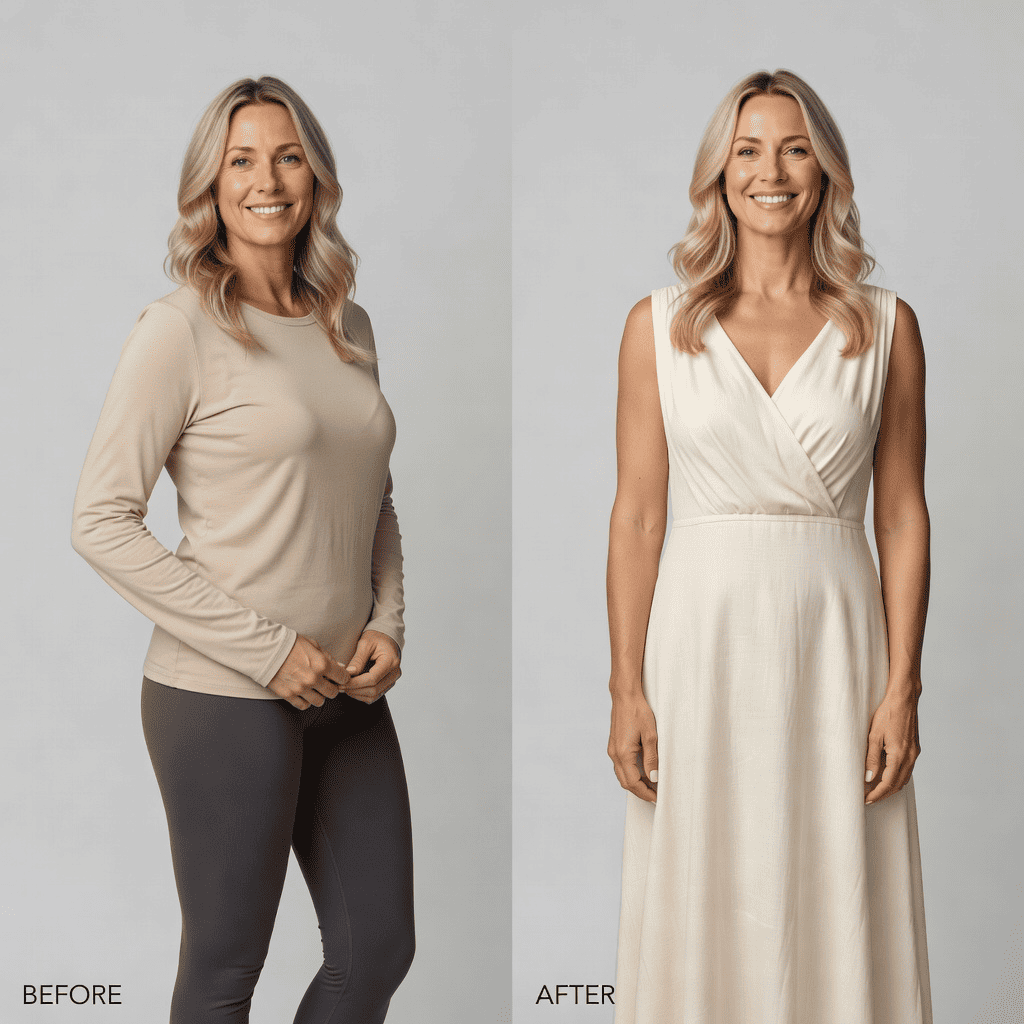 Before and after a mommy makeover showing a flatter, more contoured figure