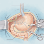 Medical illustration of gastric sleeve revision surgery showing the stomach and surgical instruments