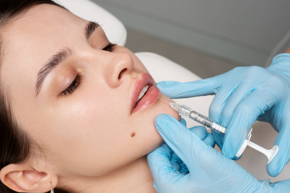 Can You Have Dental Work After Lip Filler? Timing and Safety Tips 14 Close-up of a woman receiving a cosmetic injection in the chin area by a gloved professional